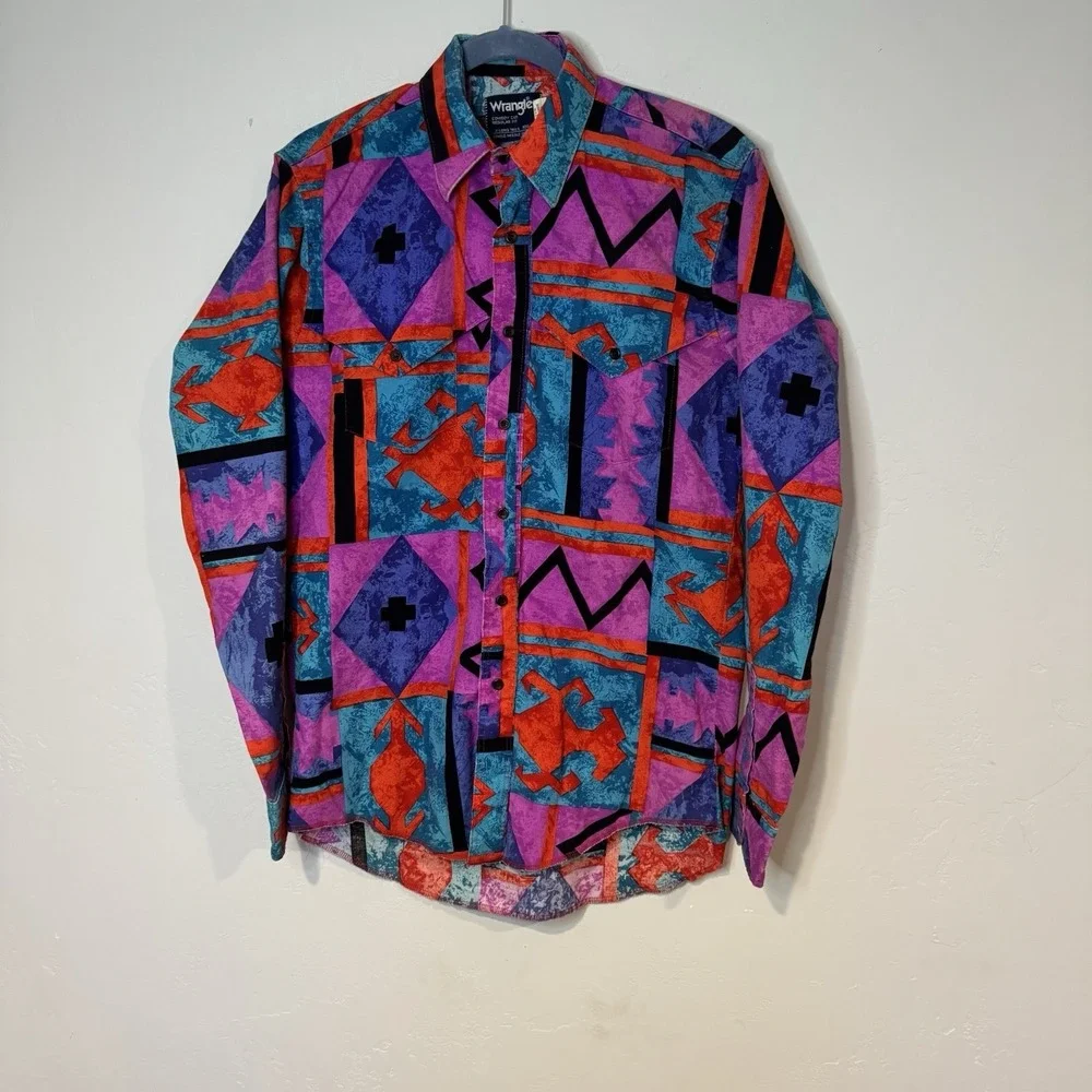 Vintage Wrangler Brushpopper Aztec Colorful Western 15.5 35 Shirt X-Long Tails